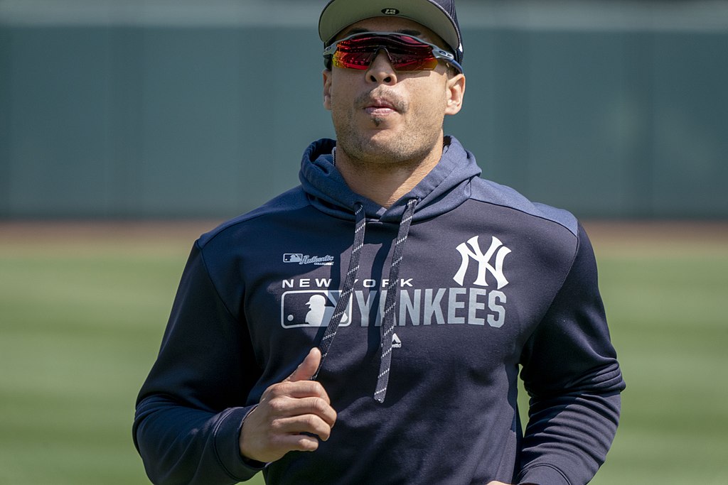 Giancarlo Stanton of the Yankees warming up