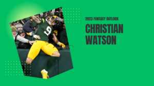 Christian Watson to left, 2023 fantasy outlook text to right