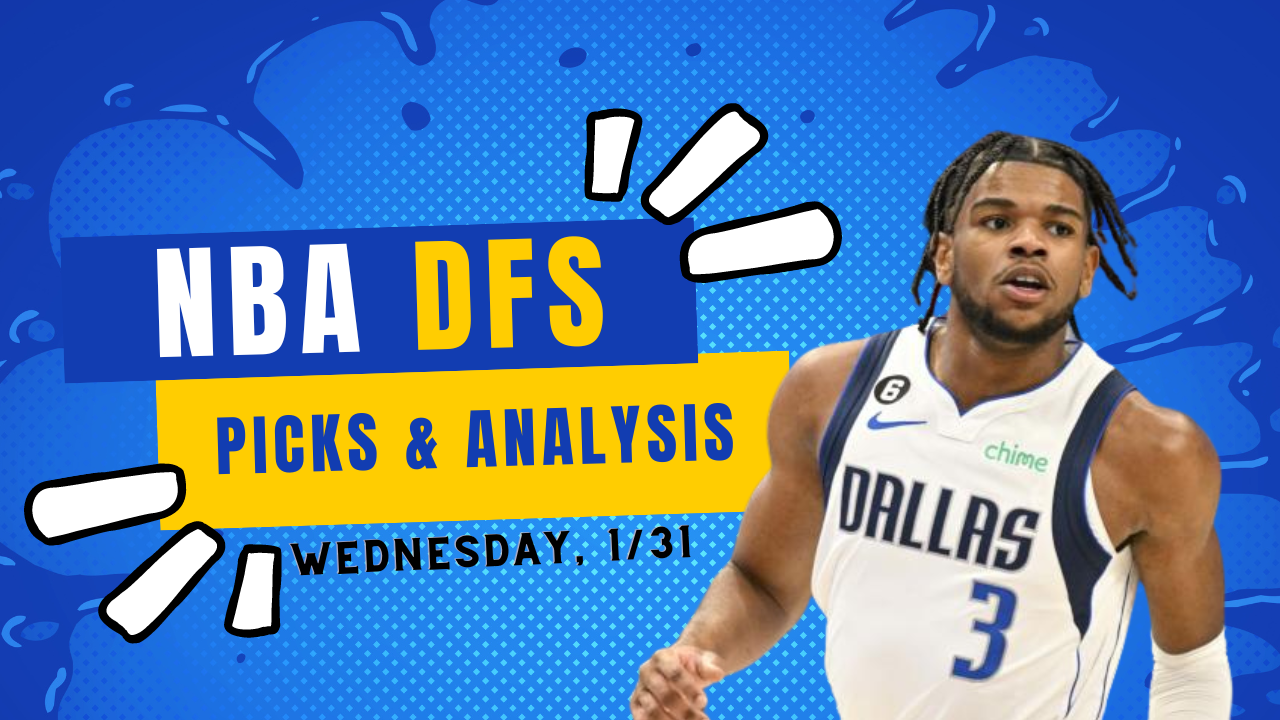 NBA DFS Picks & Analysis text centered, Jaden Hardy to right